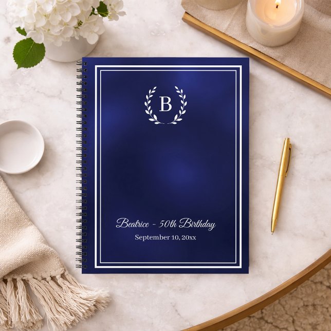 Guest Book navy blue Monogram wreath Birthday (Creator Uploaded)