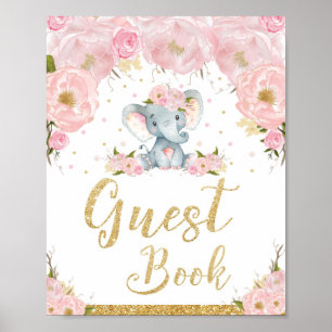 Guest Book Pink Floral Elephant Baby Shower Sign