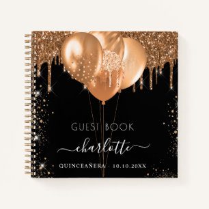 Guest book Quinceanera black gold glitter balloons