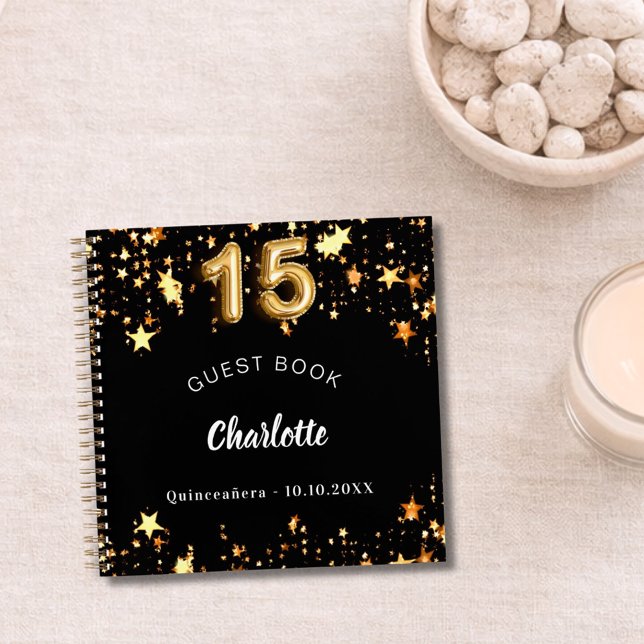 Guest book Quinceanera black gold stars (Creator Uploaded)