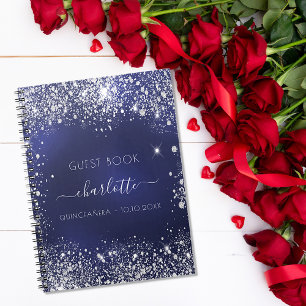 Guest book Quinceanera navy blue silver glitter
