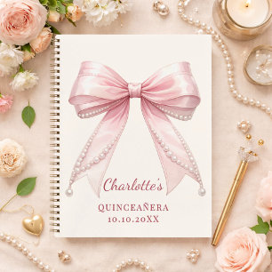 Guest book Quinceanera pink bow ivory pearls