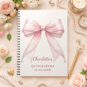 Guest book Quinceanera pink bow ivory pearls