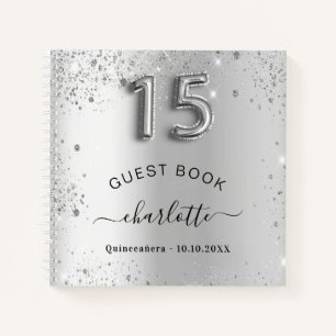 Guest book Quinceanera silver glitter name glam