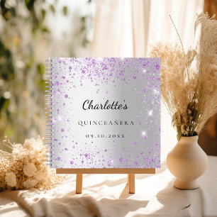 Guest book Quinceañera silver purple glitter name
