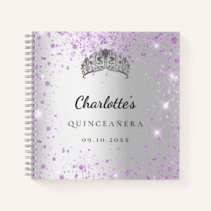 Guest book Quinceañera silver purple glitter tiara