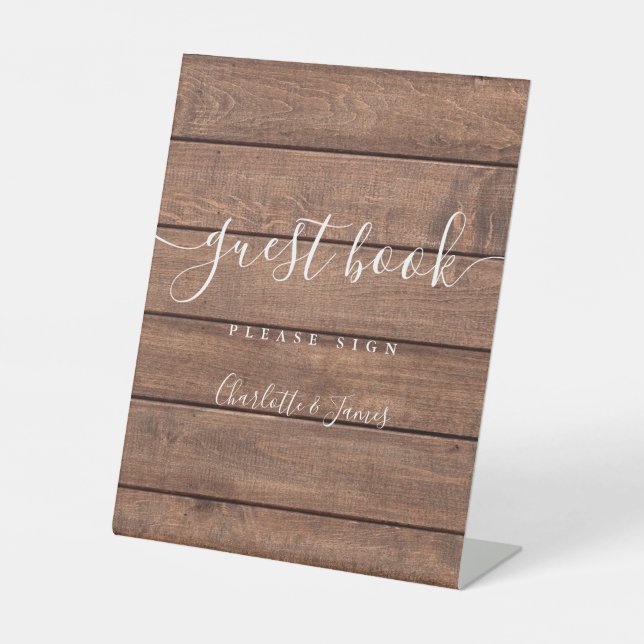 Guest Book Rustic Barn Wood Signature Script Pedestal Sign (Front)