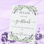 Guest book sign lavender violet floral eucalyptus<br><div class="desc">White elegant background,  decorated with lavender florals,  flowers and eucalyptus greenery.  Text: Please sign our guest book and leave your best wishes for the new mr mrs. mr mrs with a heart.</div>