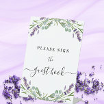Guest book sign lavender violet floral eucalyptus<br><div class="desc">White elegant background,  decorated with lavender florals,  flowers and eucalyptus greenery.  Text: Please sign the guest book</div>