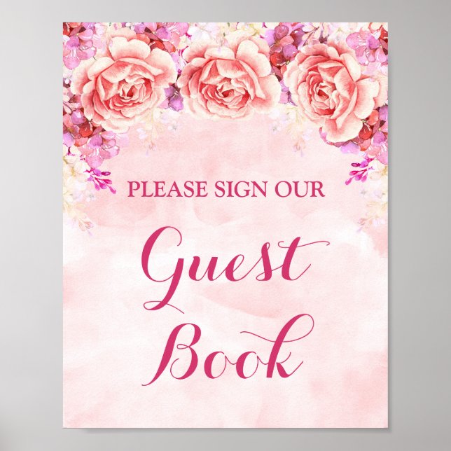 Guest Book Sign Pink Watercolor Flowers (Front)