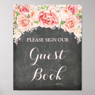 Guest Book Sign Pink Watercolor Flowers Chalkboard