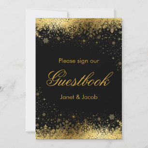 Guest Book Sign - Stylish Black and Gold Snowflake Holiday Card