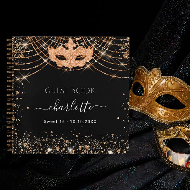 Guest book Sweet 16 black gold masquerade glitter (Creator Uploaded)