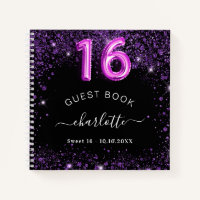 Guest book Sweet 16 black purple glitter name