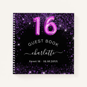 Guest book Sweet 16 black purple glitter name