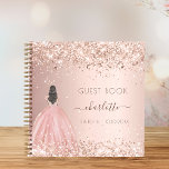 Guest book Sweet 16 dress glitter rose gold<br><div class="desc">A guestbook for a feminine and glamourous Sweet 16, 16th birthday party. A stylish rose gold faux metallic looking background with faux glitter, sparkles and a girl wearing a princess dress, ball gown. Personalize and add your name, and age/date. The name is written with a hand lettered style script with...</div>