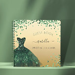 Guest book Sweet 16 emerald green gold dress<br><div class="desc">For a Sweet 16, 16th birthday party. A faux gold background with emerald green sparkles, confetti, a dress. The name is written with a modern hand lettered style script with swashes. Personalize and add a name and date. To keep the swashes only delete the sample name, leave the spaces or...</div>