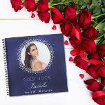 Guest book Sweet 16 navy blue silver photo<br><div class="desc">A guest book for a feminine and glamorous Sweet 16,  16th (or any age) birthday party.  A stylish navy blue background with faux silver glitter sparkles round the photo. The blue color is uneven. Add your name,  age,  date and a photo.</div>