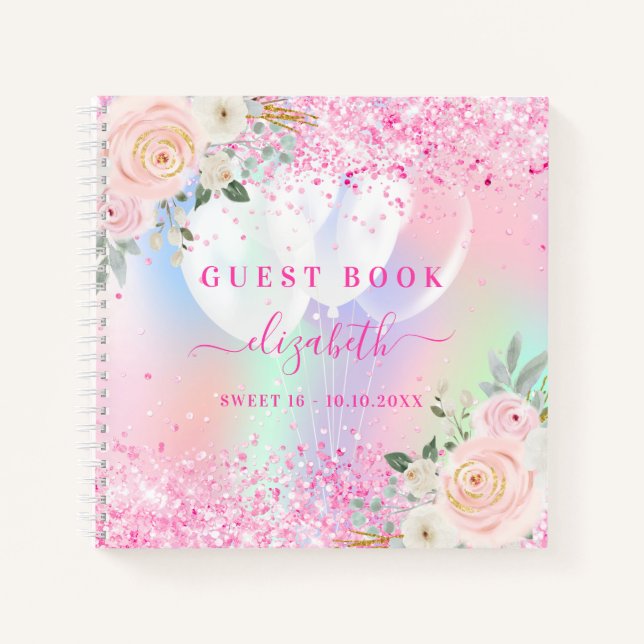 Guest book Sweet 16 pink florals holographic (Front)