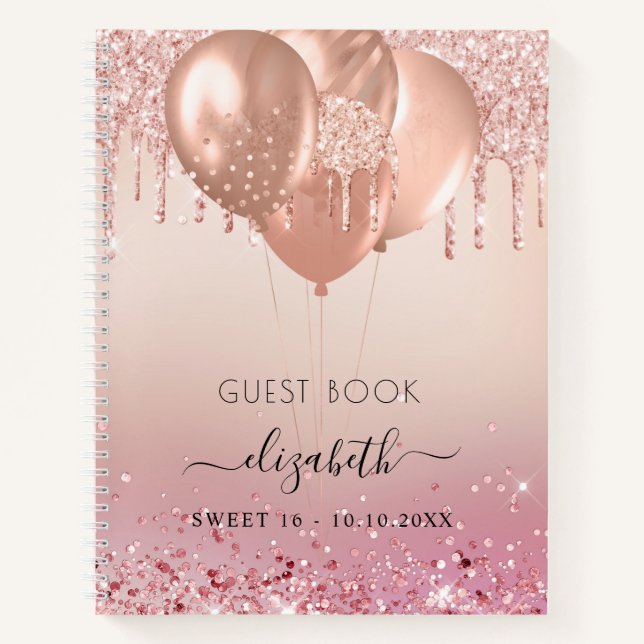 Guest book Sweet 16 pink rose gold glitter  (Front)