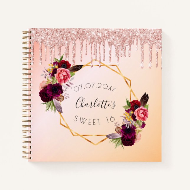 Guest book Sweet 16 rose gold drips flower (Front)