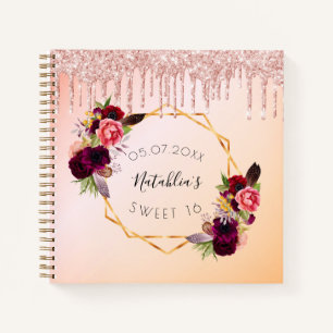 Guest book Sweet 16 rose gold glitter drips floral