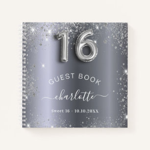 Guest book Sweet 16 silver glitter name glam