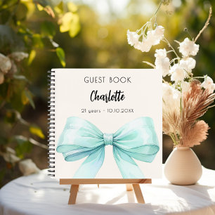 Guest book teal green cream bow birthday