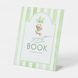 Guest Book Teddy Bear Green Stripes Baby Shower Pedestal Sign