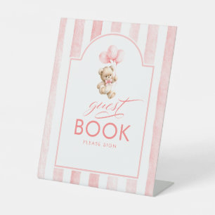 Guest Book Teddy Bear Pink Stripes Baby Shower Pedestal Sign