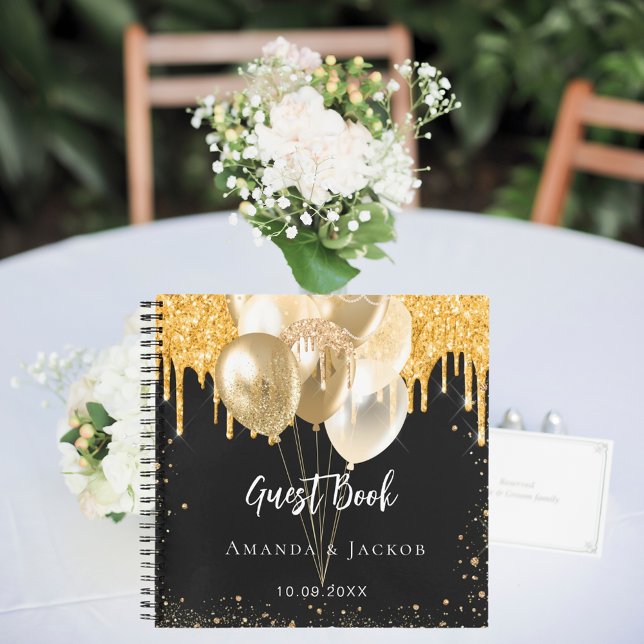Guest book wedding black gold glitter balloons (Creator Uploaded)