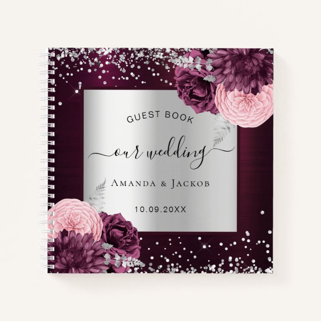 Guest book wedding burgundy silver floral (Front)