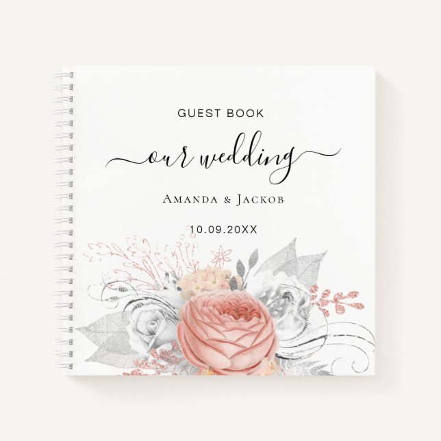 Guest book wedding rose gold floral silver (Front)