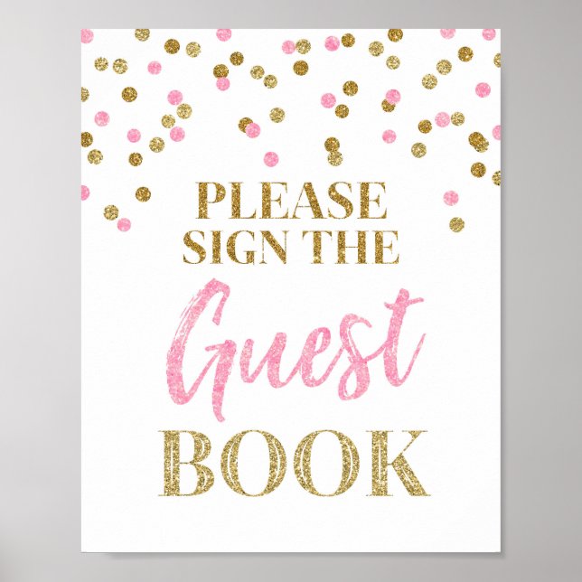 Guest Book Wedding Sign Gold Pink Confetti (Front)