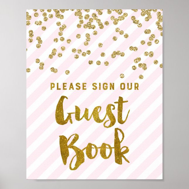 Guest Book Wedding Sign Pink Gold Stripes (Front)