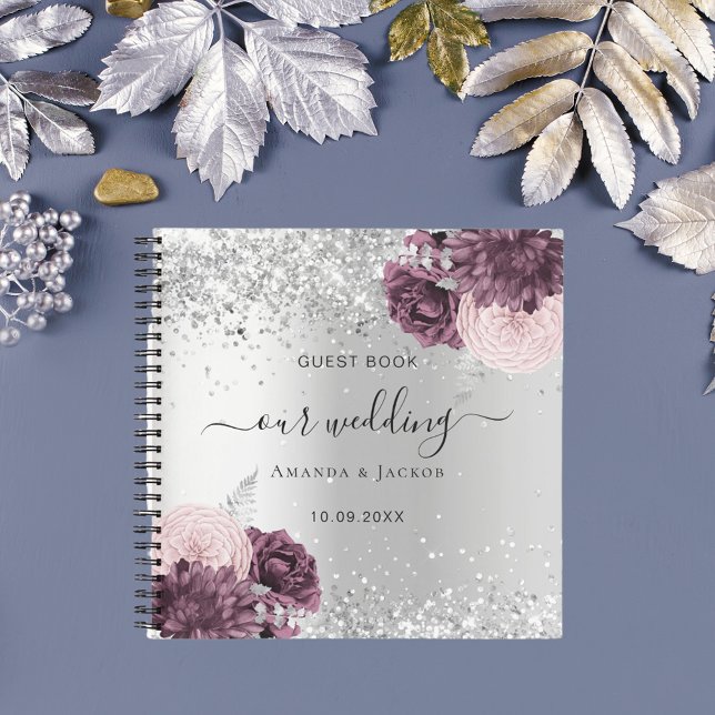 Guest book wedding silver burgundy florals (Creator Uploaded)