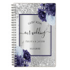 Guest book wedding silver navy blue florals