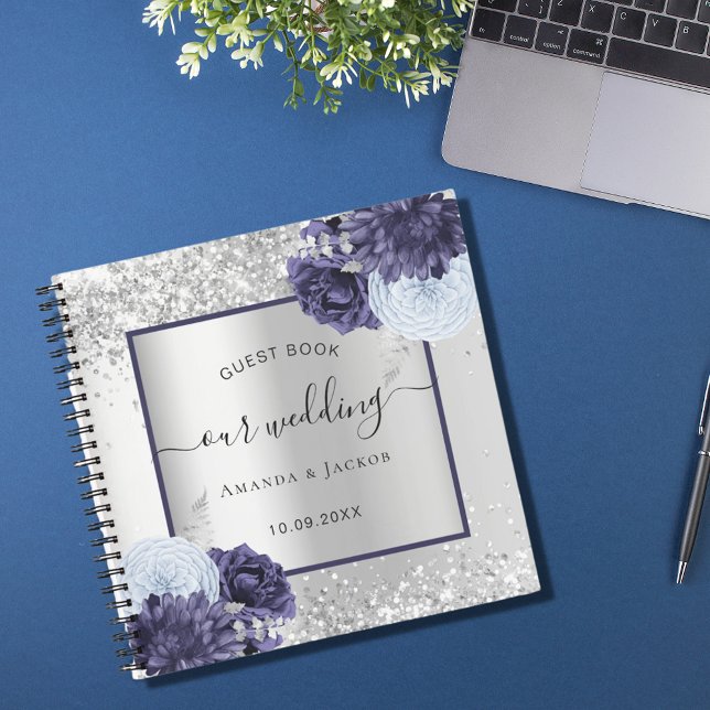 Guest book wedding silver navy blue florals (Creator Uploaded)