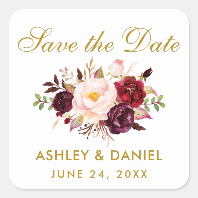 Guest Calendar | Save The Date Burgundy Floral Square Sticker (Front)