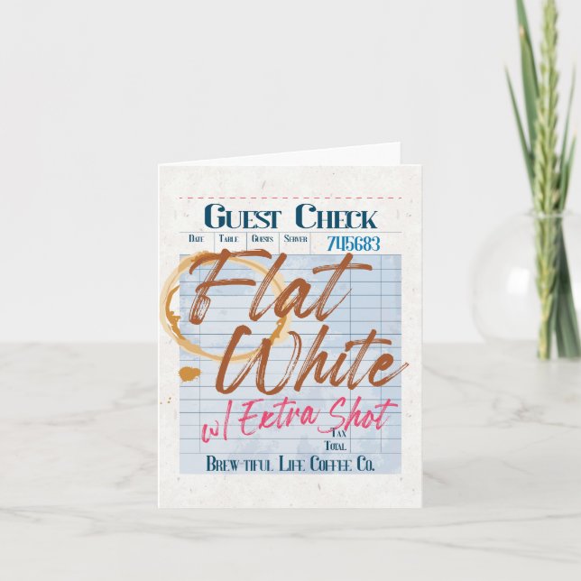 Guest Check Receipt Flat White Coffee Extra Shot  Note Card (Front)