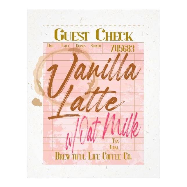 Guest Check Receipt Vanilla Latte Coffee Oat Milk Photo Print (Front)