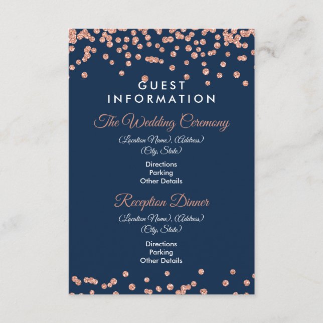 Guest Information Rose Gold Glitter Confetti Navy Enclosure Card (Front)