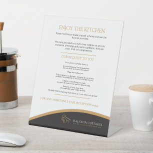 Guest kitchen black gold property rental business pedestal sign