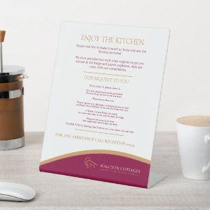 Guest kitchen red gold property rental business pedestal sign