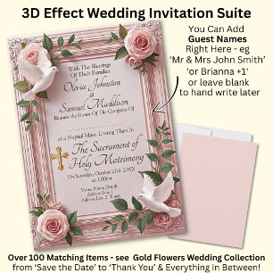 Guest Names, Christian Pink Roses & Doves Wedding  Invitation