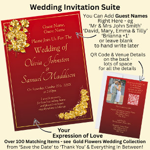 Guest Names, Gold Roses Maroon Red Wedding Invitation