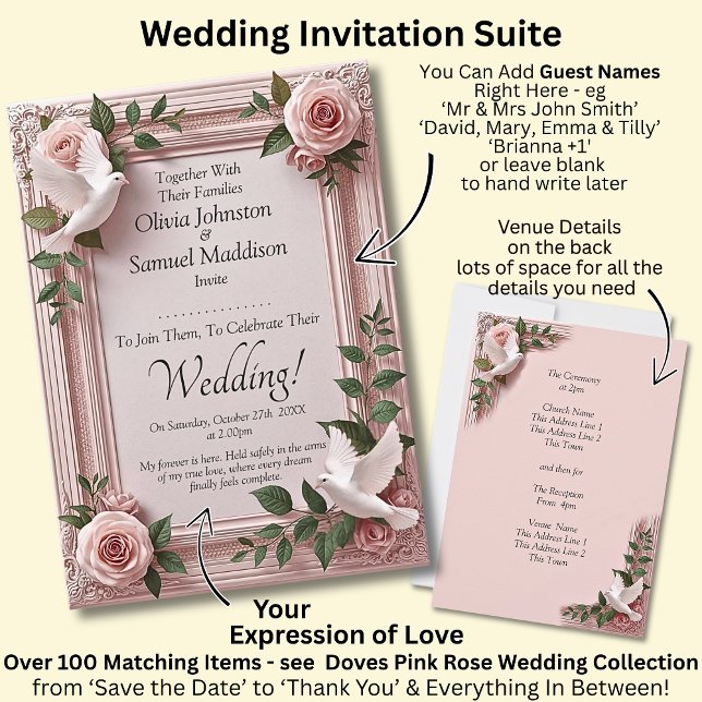 Guest Names, Pink Roses & Doves Wedding Invitation (Creator Uploaded)