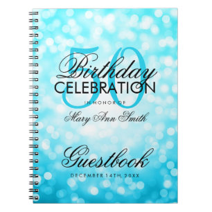 Guestbook 50th Birthday Turquoise Glitter Light Notebook