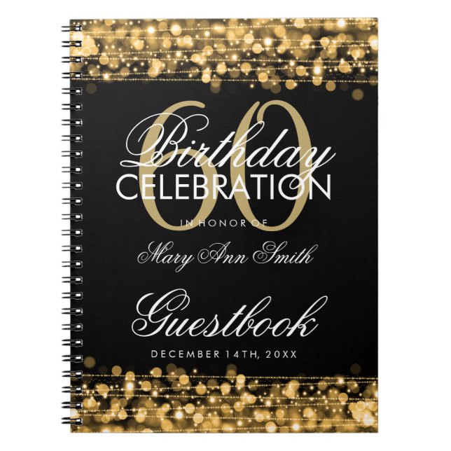 Guestbook 60th Birthday Party Sparkles Gold Notebook (Front)