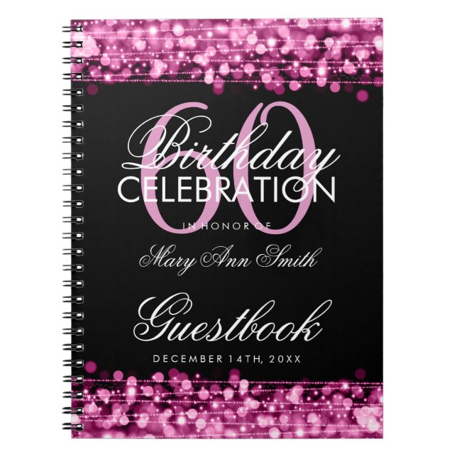 Guestbook 60th Birthday Party Sparkles Pink Notebook (Front)